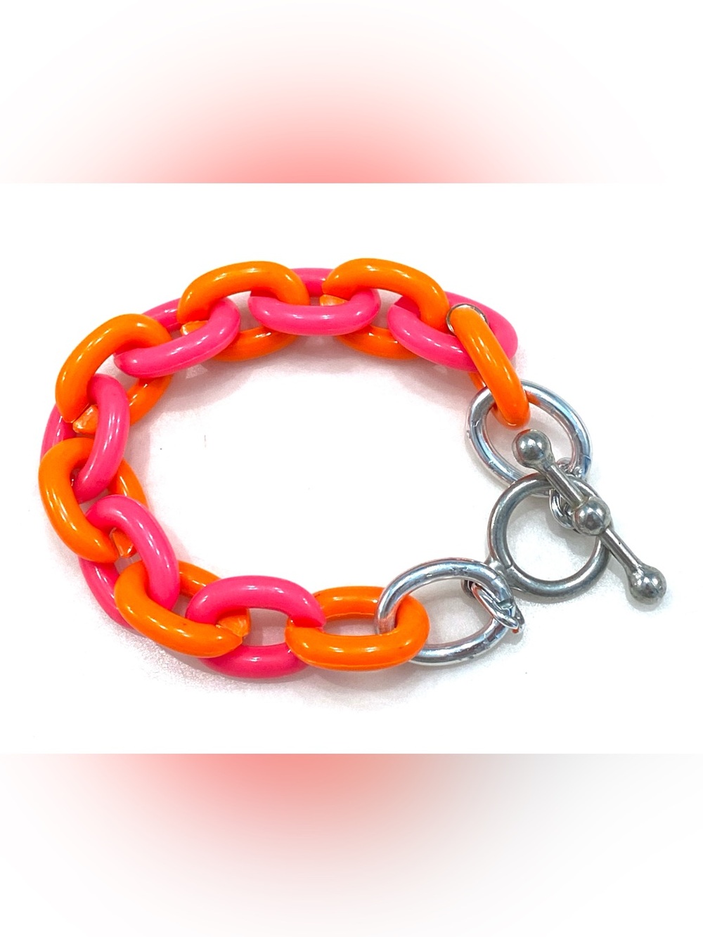 Vintage Neon Pink Orange Acrylic Chain Link Bracelet Silver Toggle Clasp